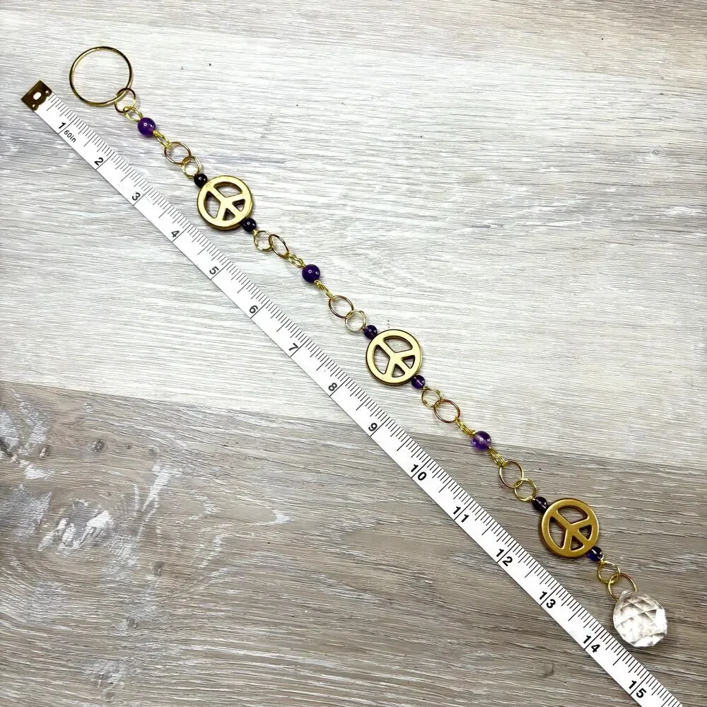 Amethyst Peace Sign Wall Hanging Gold Peace Charm Amethyst Beads Crystal Prism